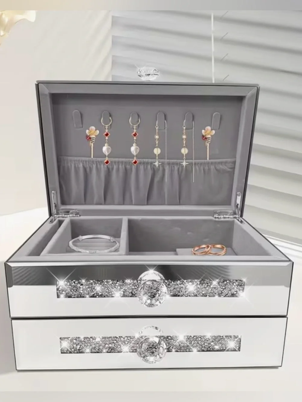 Silver Mirrored Jewelry Box with Crystal Accents - NEW